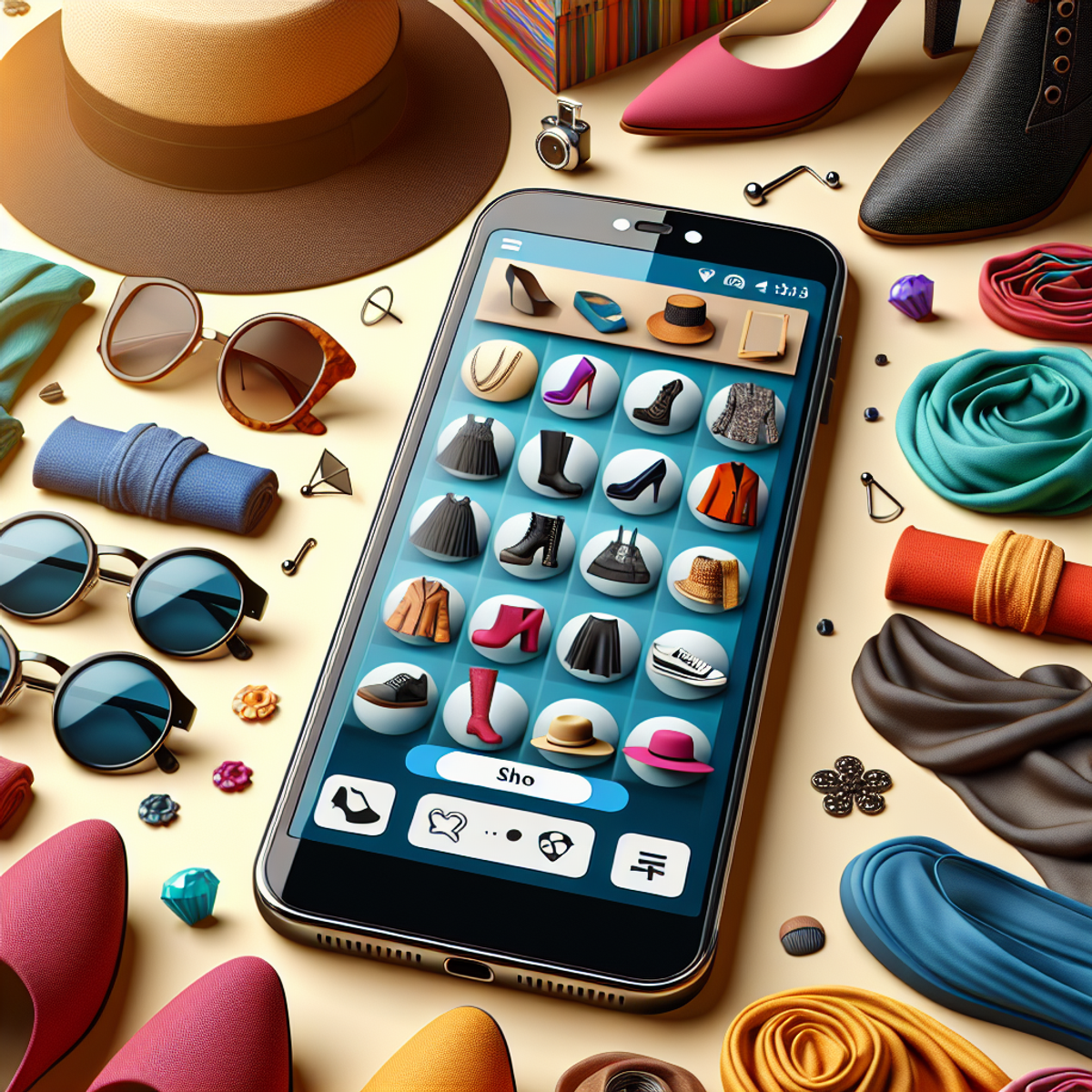 Un smartphone entouré de chapeaux vintage, de lunettes de soleil tendance, d'écharpes vibrantes et de chaussures élégantes.