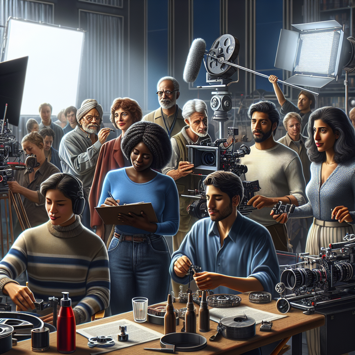 Un groupe diversifié de cinéastes travaillant ensemble sur un plateau de tournage.