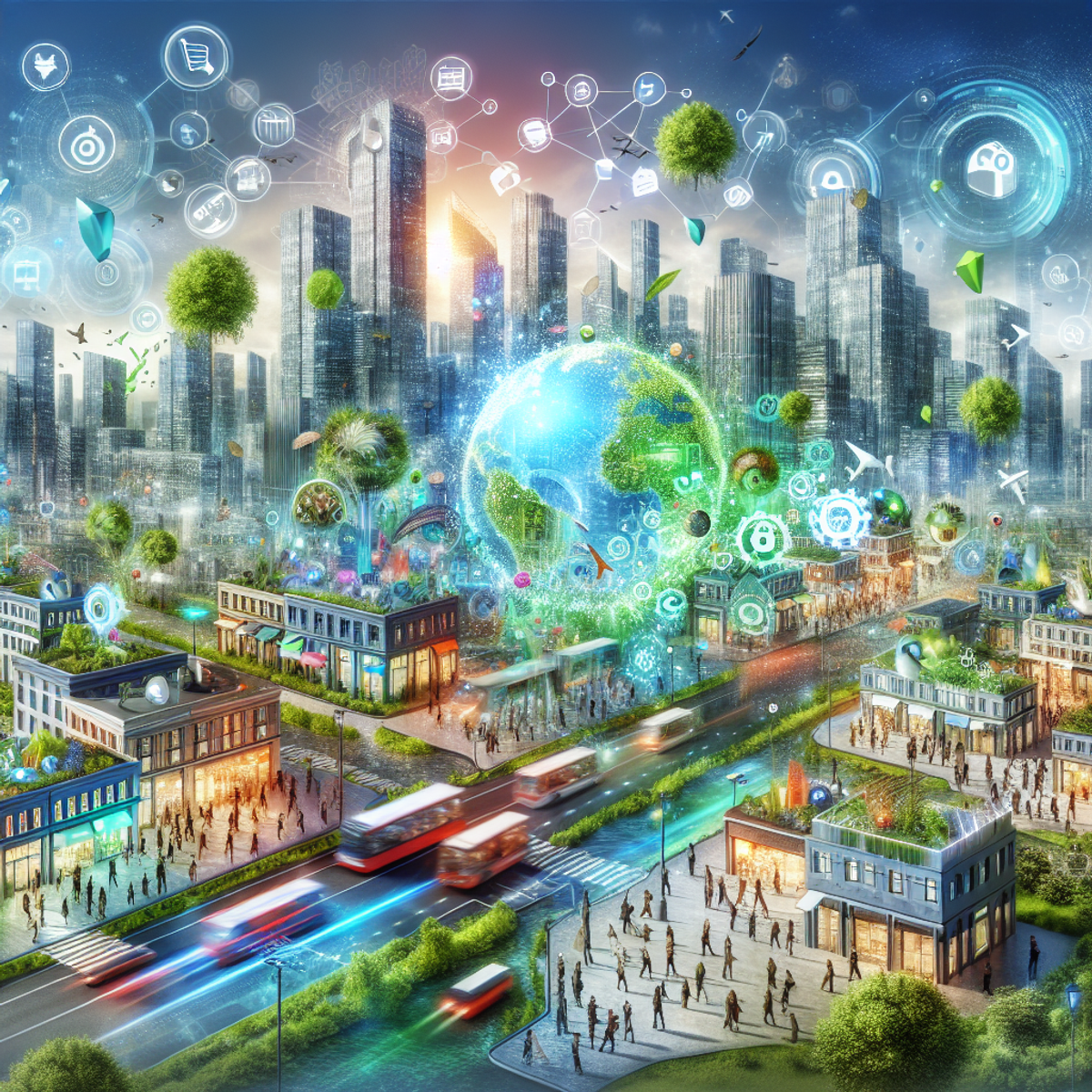 Une ville futuriste avec une technologie avancée et la nature entrelacées.