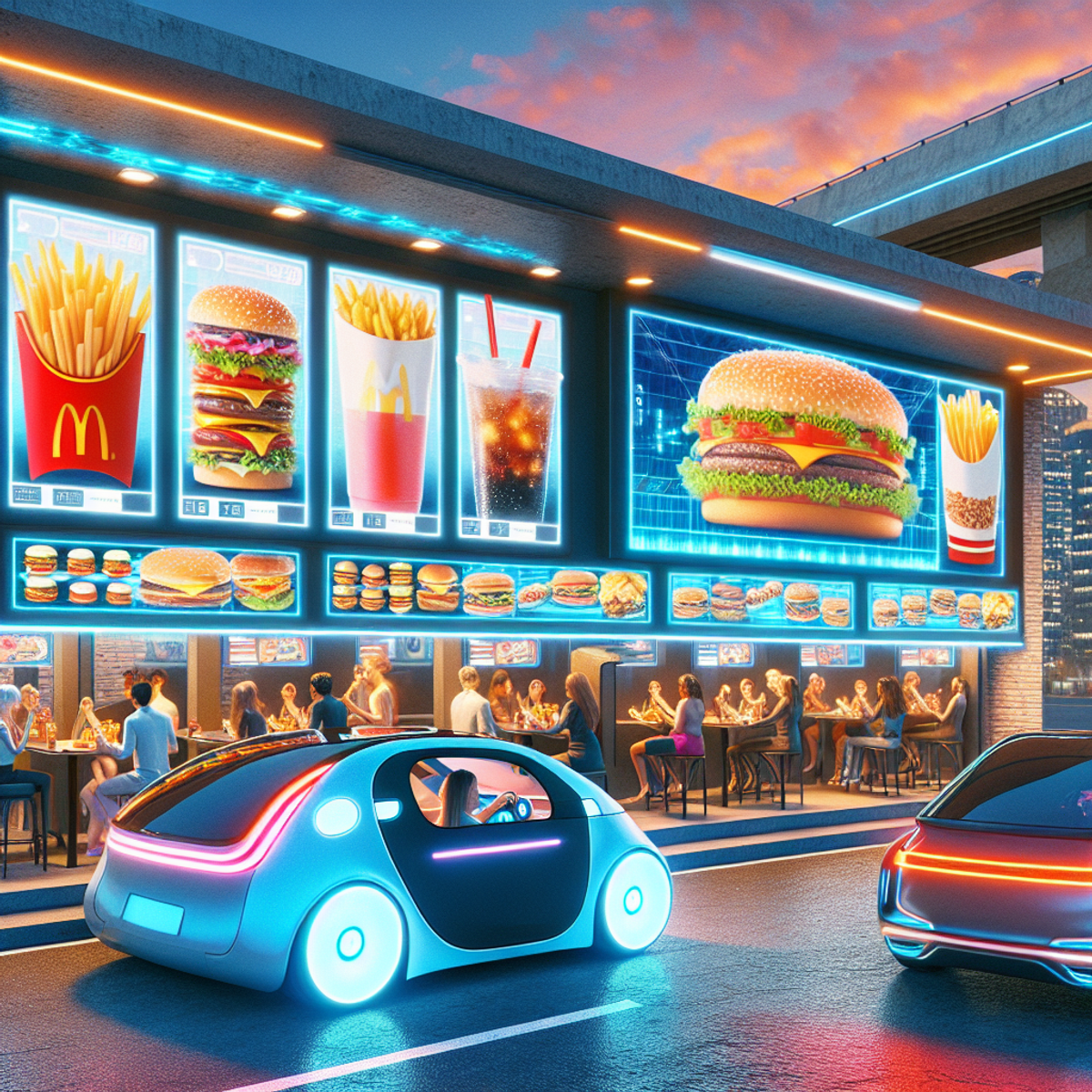 Drive-thru futuriste avec écrans numériques et clients diversifiés.