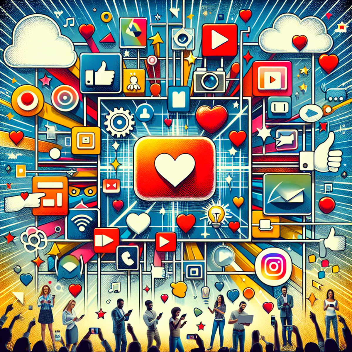 Un groupe diversifié de personnes utilisant des appareils numériques et interagissant avec des symboles de médias sociaux tels que des pouces levés, des cœurs, des bulles de commentaire et des icônes de lecture dans une configuration visuellement frappante.