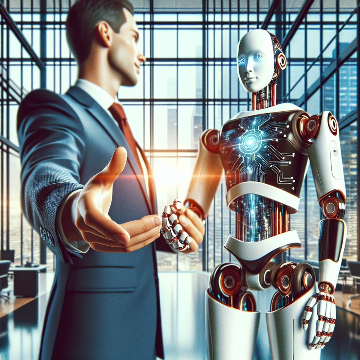 Un homme d'affaires réussi en costume serre la main d'un robot AI avancé dans un bureau moderne avec en arrière-plan un paysage urbain.