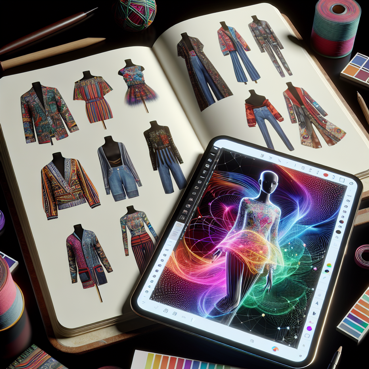Un carnet de croquis rempli d'illustrations numériques de vêtements à côté d'une tablette affichant un rendu 3D d'un vêtement.