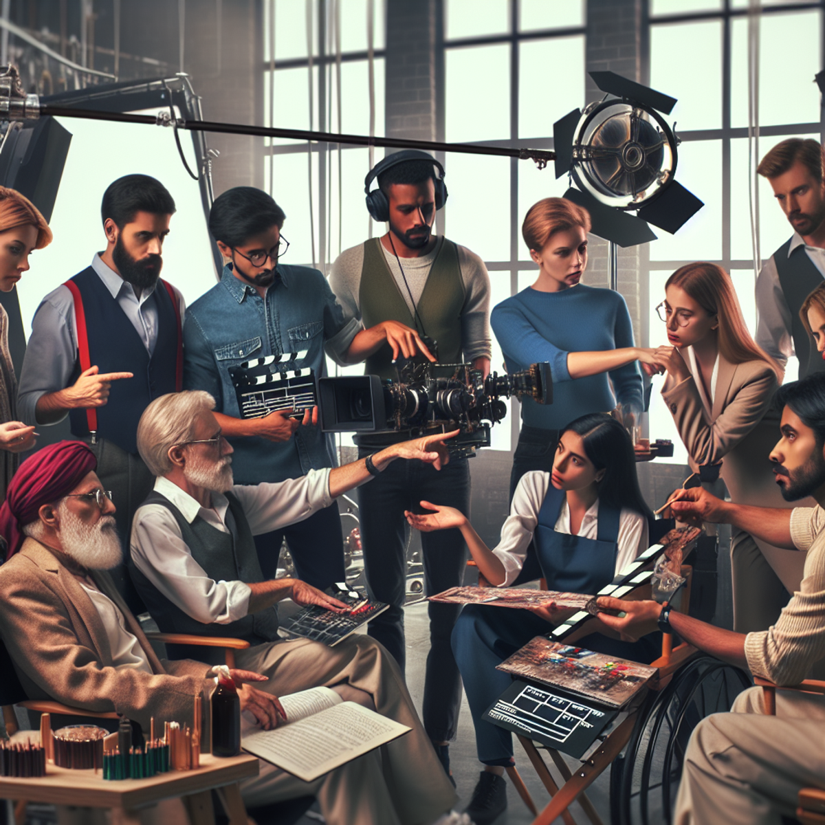 Un groupe diversifié de personnes travaillant sur un plateau de tournage.