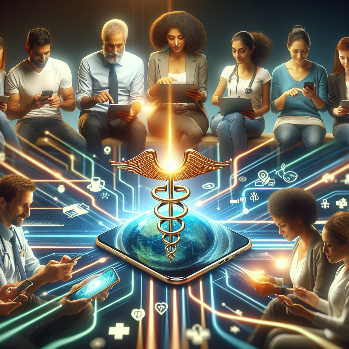Un groupe diversifié de personnes utilisant des appareils numériques pour communiquer et accéder aux soins de santé, avec des signaux numériques visibles les reliant et des symboles de soins de santé entrelacés dans les signaux.