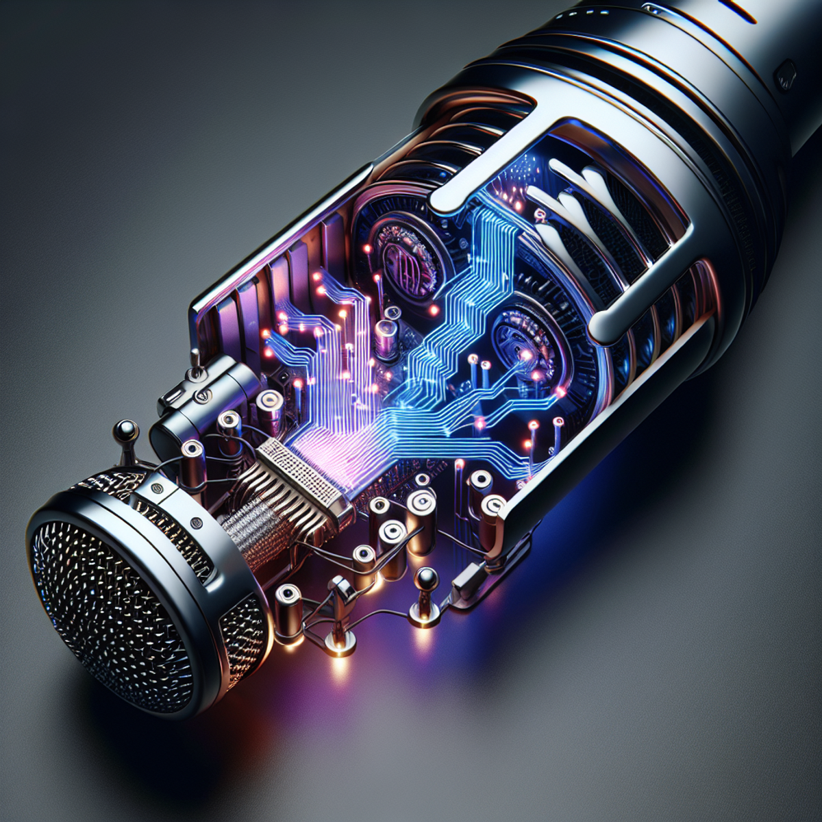 Un microphone coupé en deux pour révéler une carte de circuit imprimé d'intelligence artificielle de haute technologie.