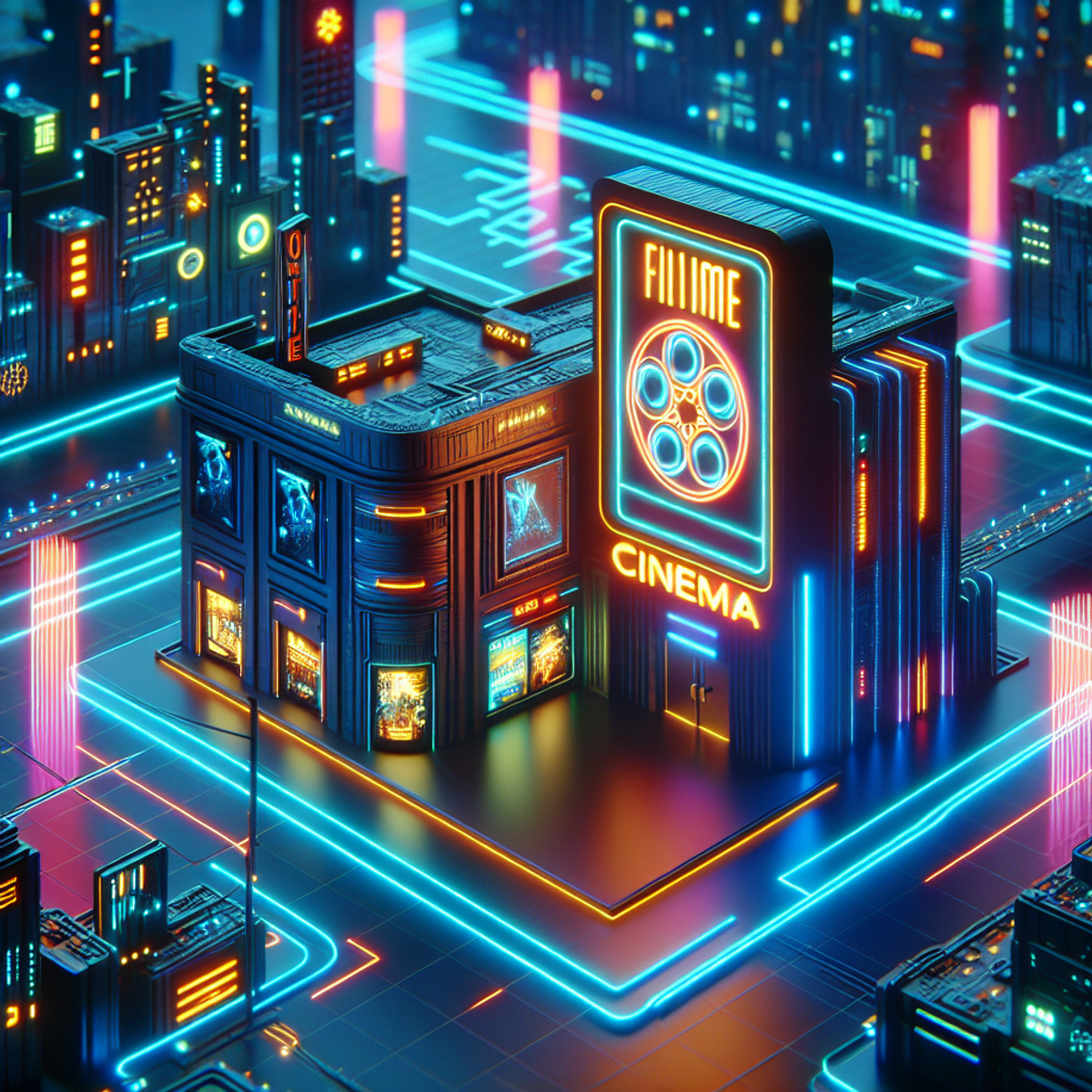 Cinéma futuriste avec des symboles lumineux au néon et des équipements high-tech.