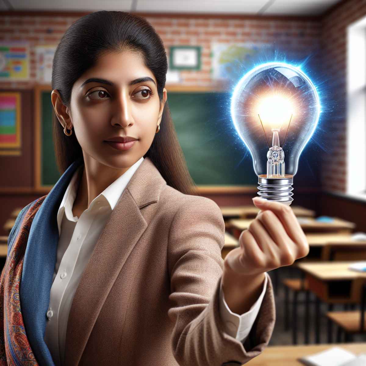 Une femme entrepreneure d'Asie du Sud, tenant avec confiance une ampoule lumineuse devant un cadre de salle de classe.