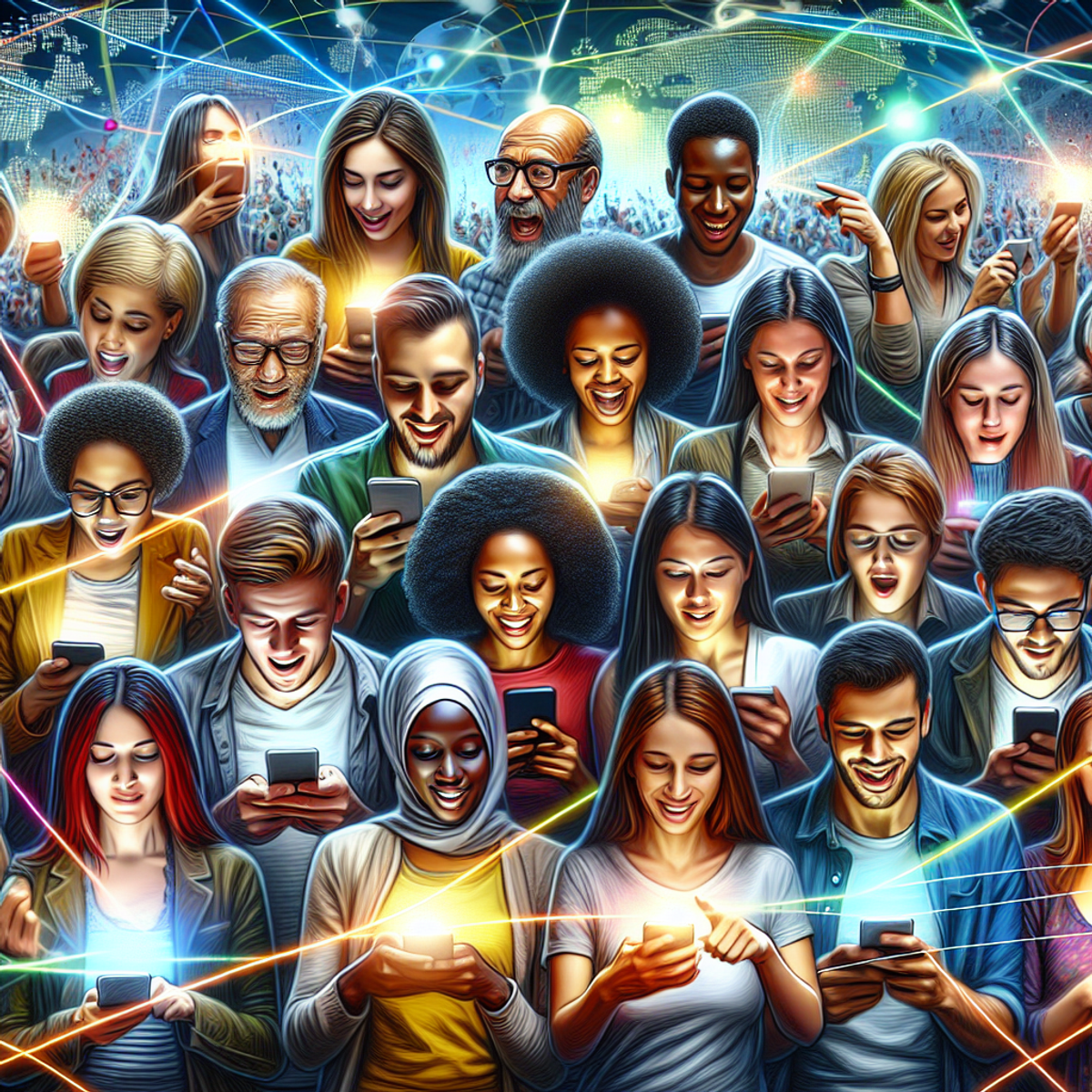 Un groupe diversifié de personnes utilisant des appareils numériques et connectées par des lignes lumineuses, reflétant l'interaction et l'engagement mondial.