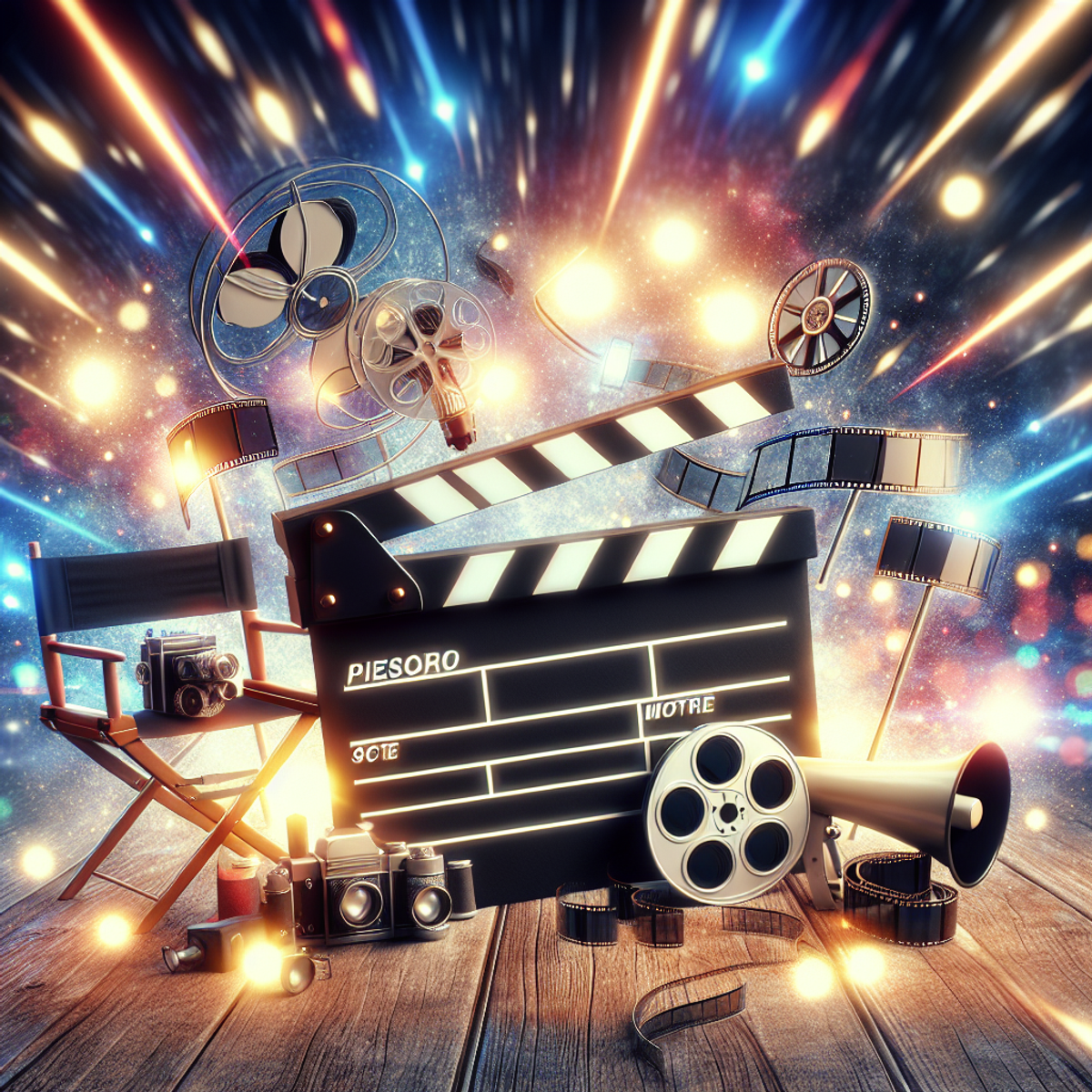 Un clap de cinéma, une chaise de réalisateur, des bobines de film et un porte-voix disposés dans une composition dynamique symbolisant l'énergie de la production cinématographique.
