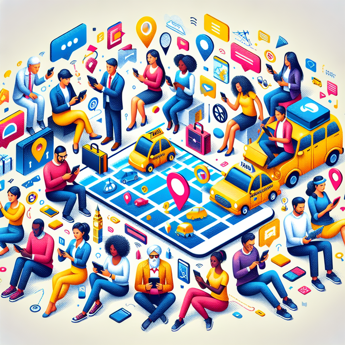 A diverse group of people using digital devices for transportation-related activities.