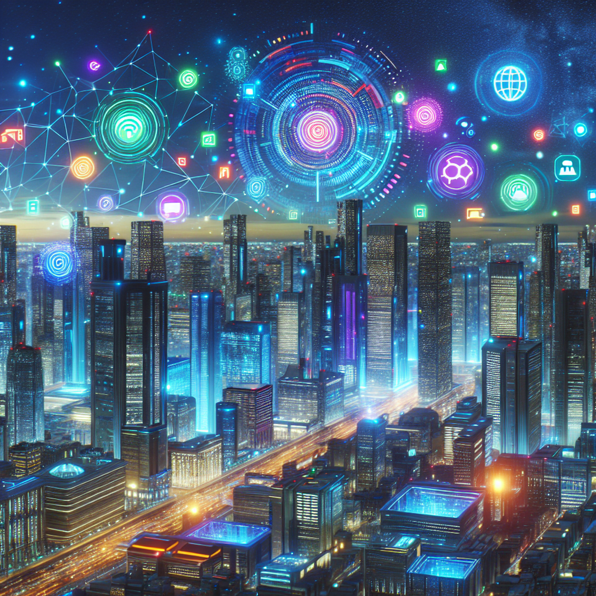 Un horizon de ville futuriste avec des bâtiments technologiquement avancés et des affichages holographiques alimentés par l'IA présentant des symboles et des objets abstraits dans des teintes vives.