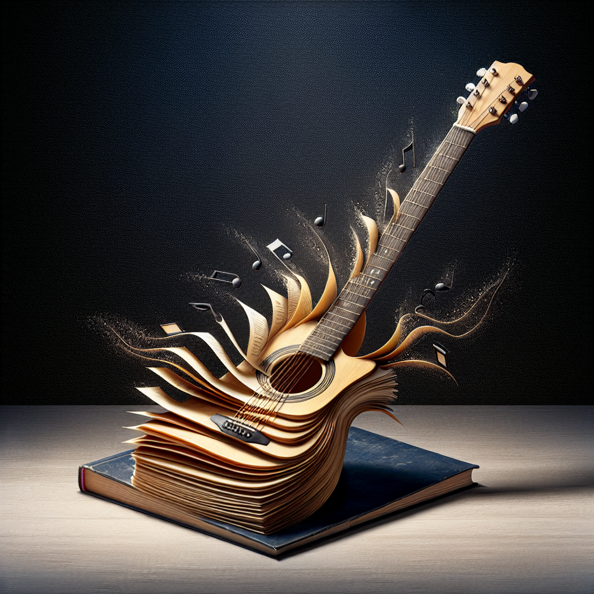 Une guitare se transformant lentement en livre.