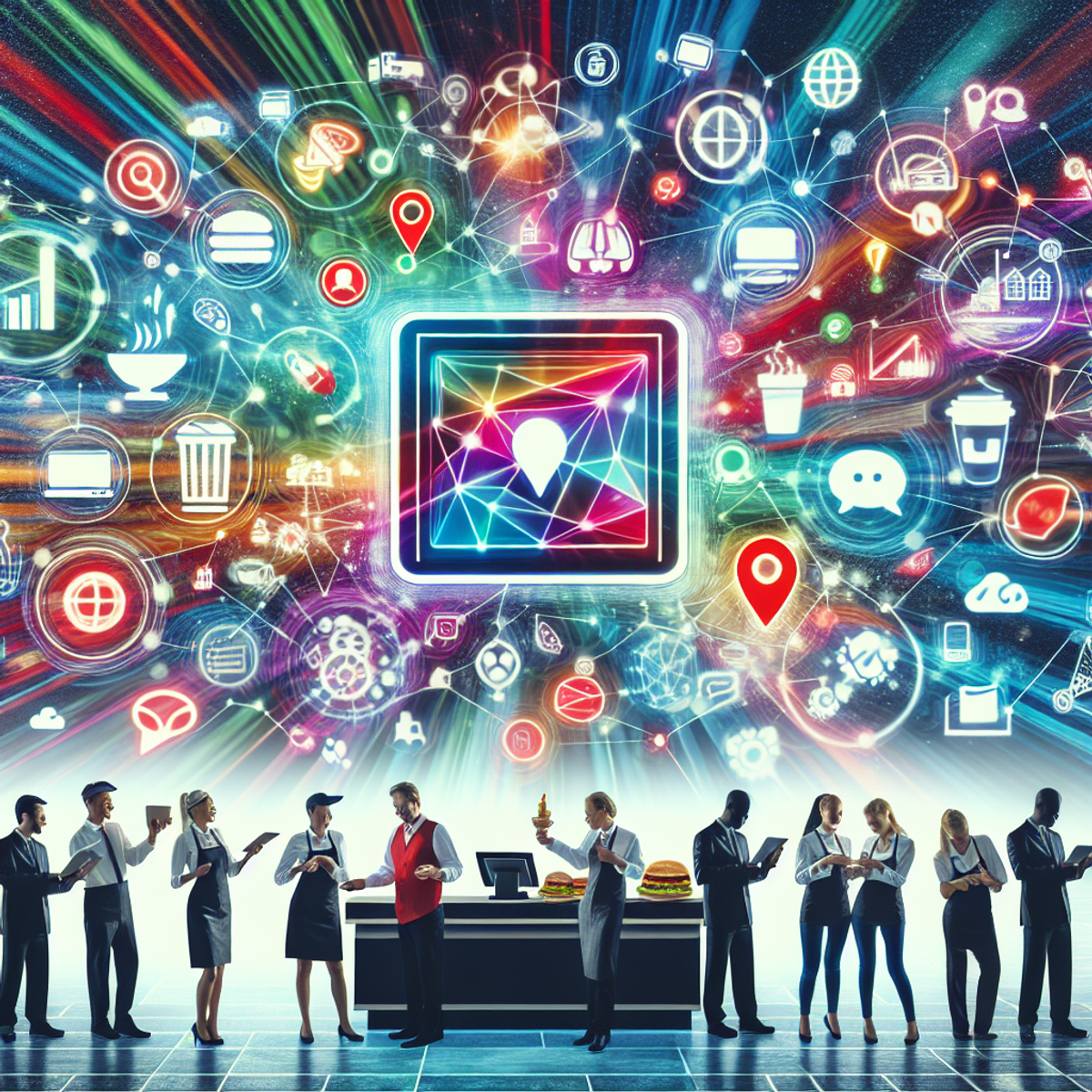 Un écran numérique rayonnant de symboles colorés et abstraits de données et de croissance avec des personnes diverses représentant des employés et des