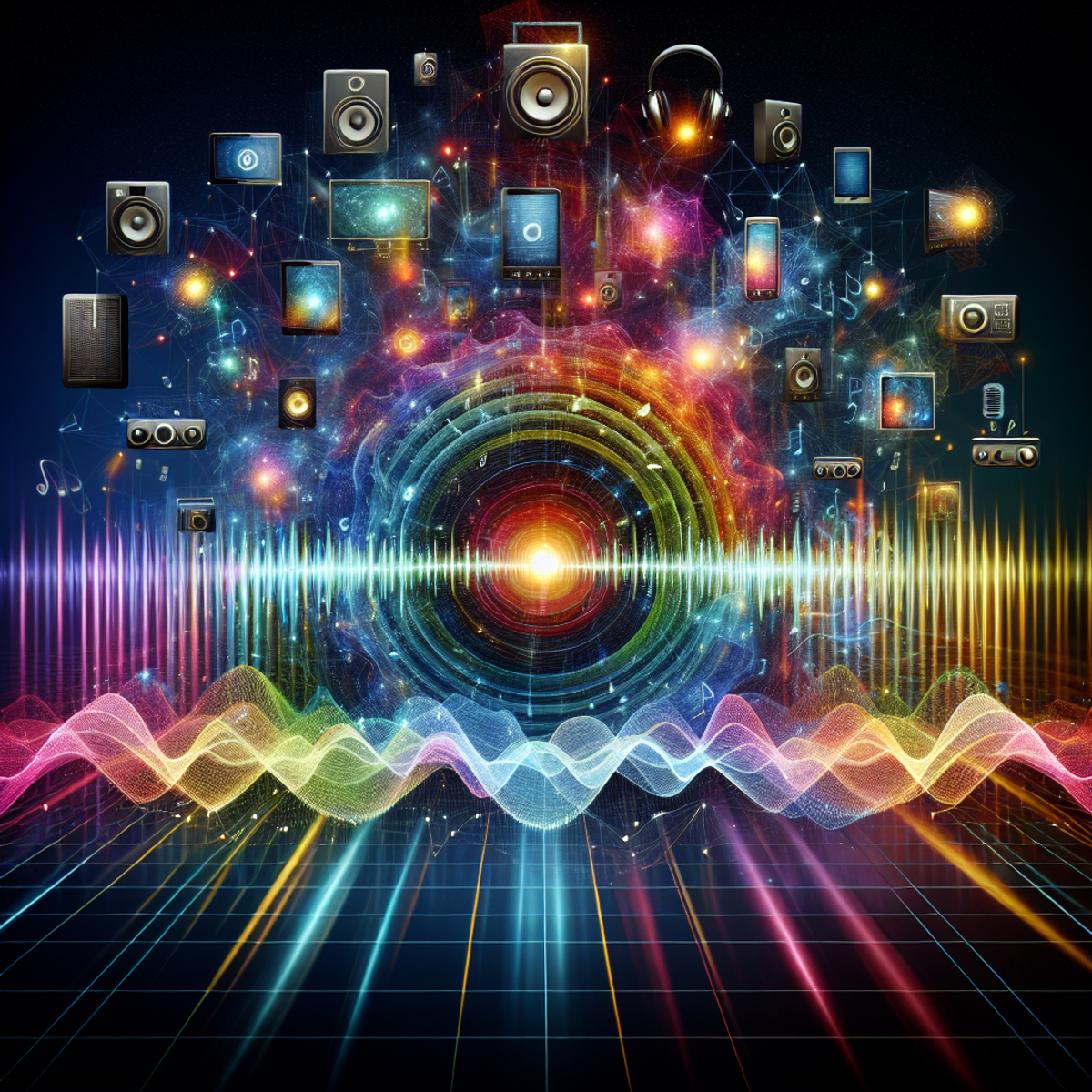 Onde audio vibrante avec en arrière-plan un appareil numérique.