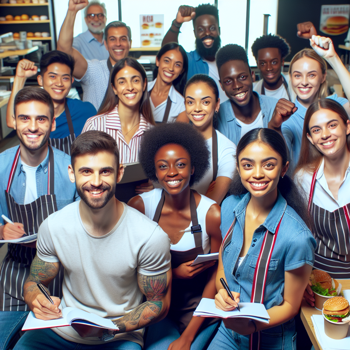 Un groupe de stagiaires franchisés diversifiés d'une marque mondiale de restauration rapide participent activement à une session de formation, tenant des cahiers et des stylos, et souriant.