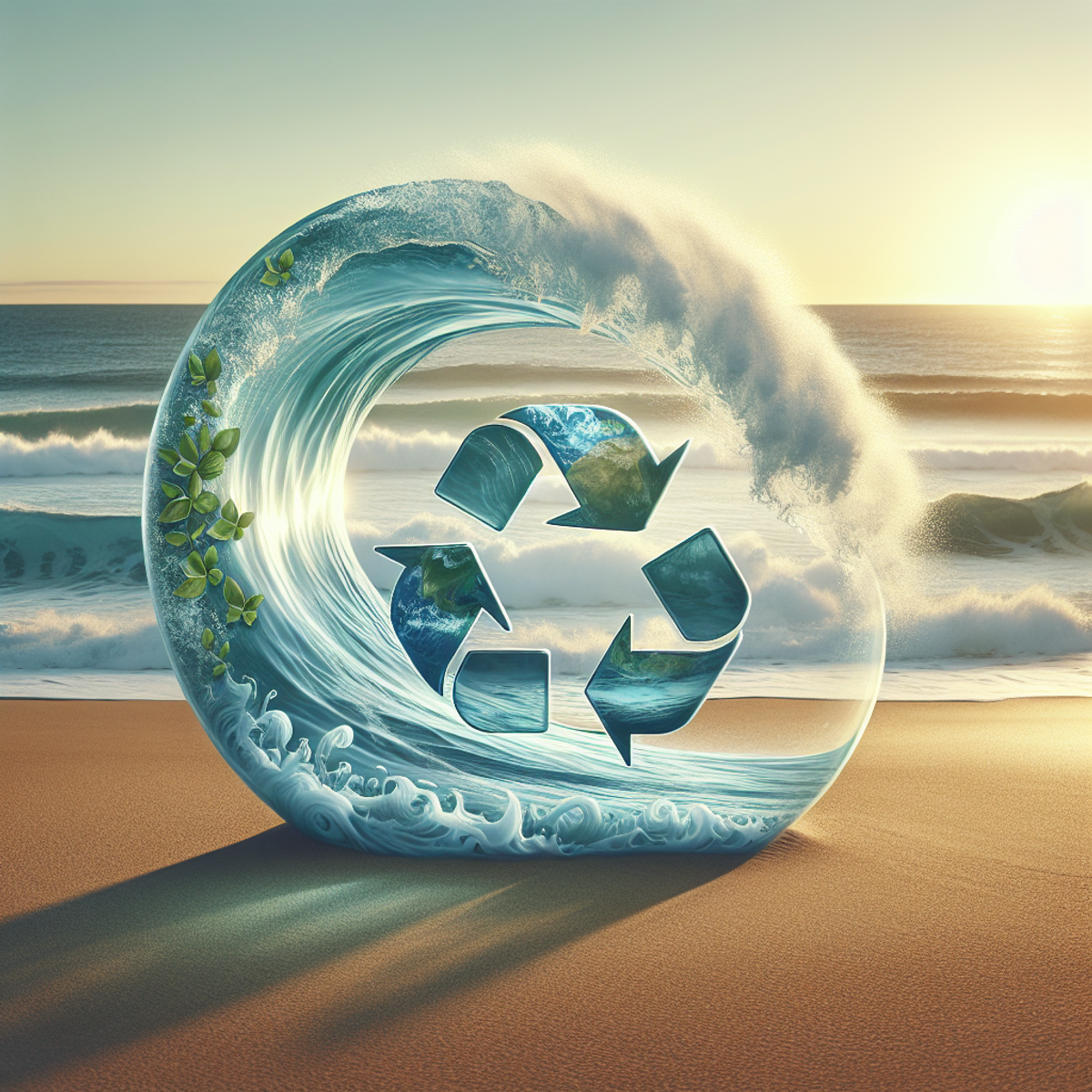 Une vague océanique sereine avec un symbole de durabilité incrusté dans le sable.