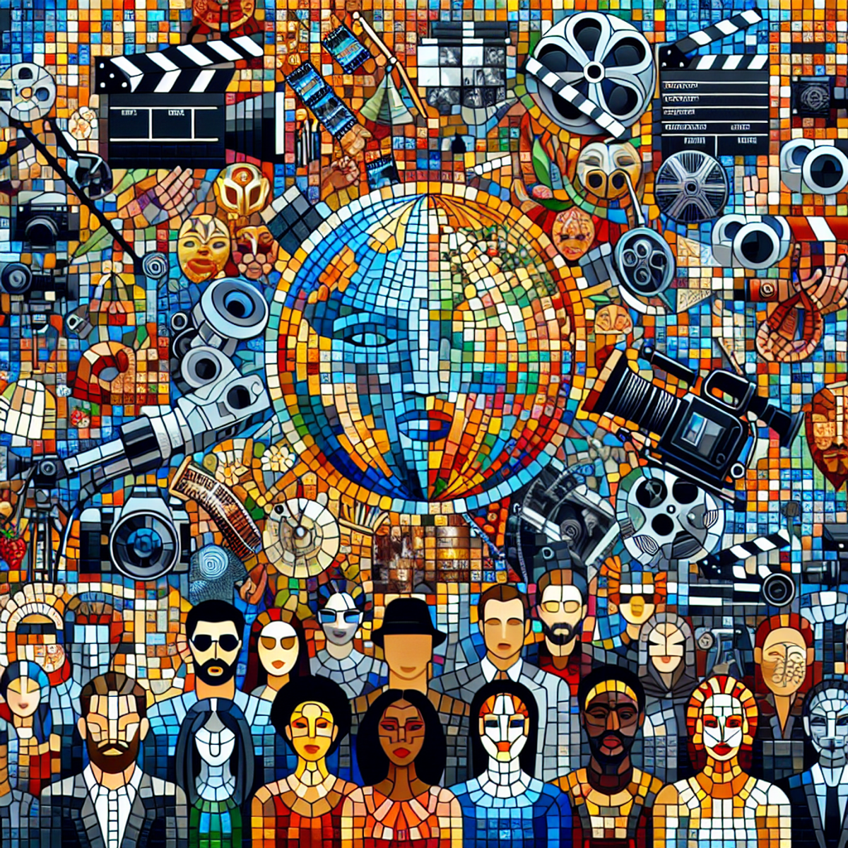 Une mosaïque vibrante avec une caméra, un globe, des claquettes, des bobines de film et des masques, avec des personnes diverses engagées dans des activités cinématographiques.
