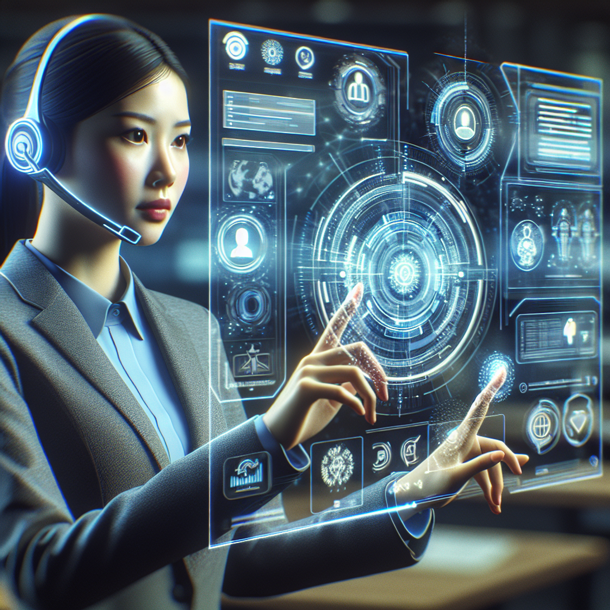 Une représentante du service clientèle asiatique dans un environnement de bureau moderne, portant un casque et un costume élégants, interagissant avec un affichage holographique complexe et rayonnant montrant des outils numériques pour le service client.