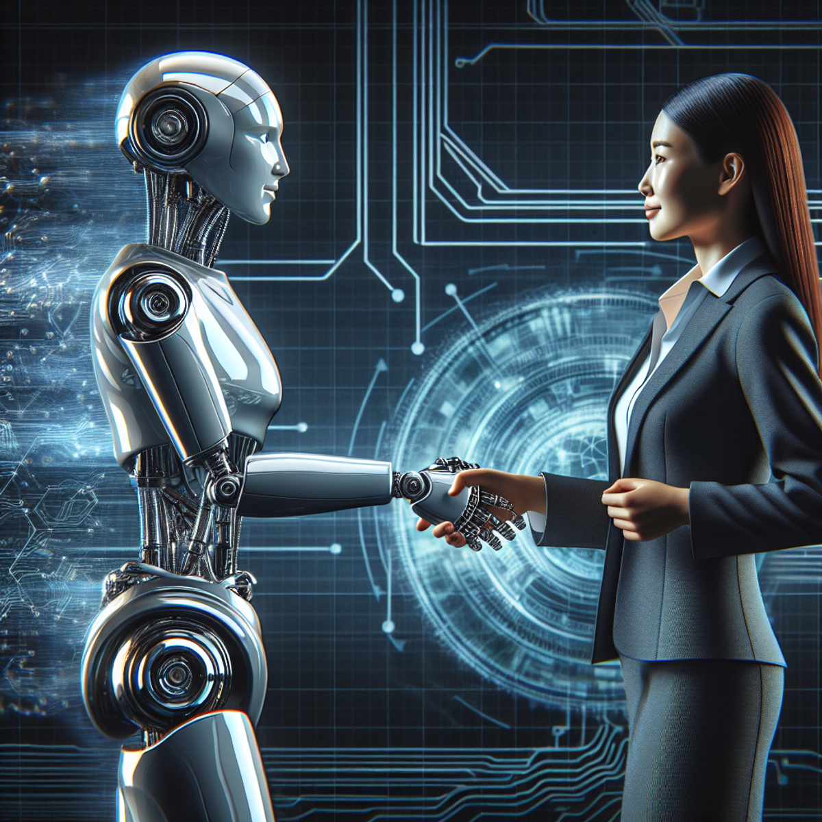 Robot futuriste et humain effectuant une poignée de main, symbolisant la collaboration entre l'IA et les ressources humaines.