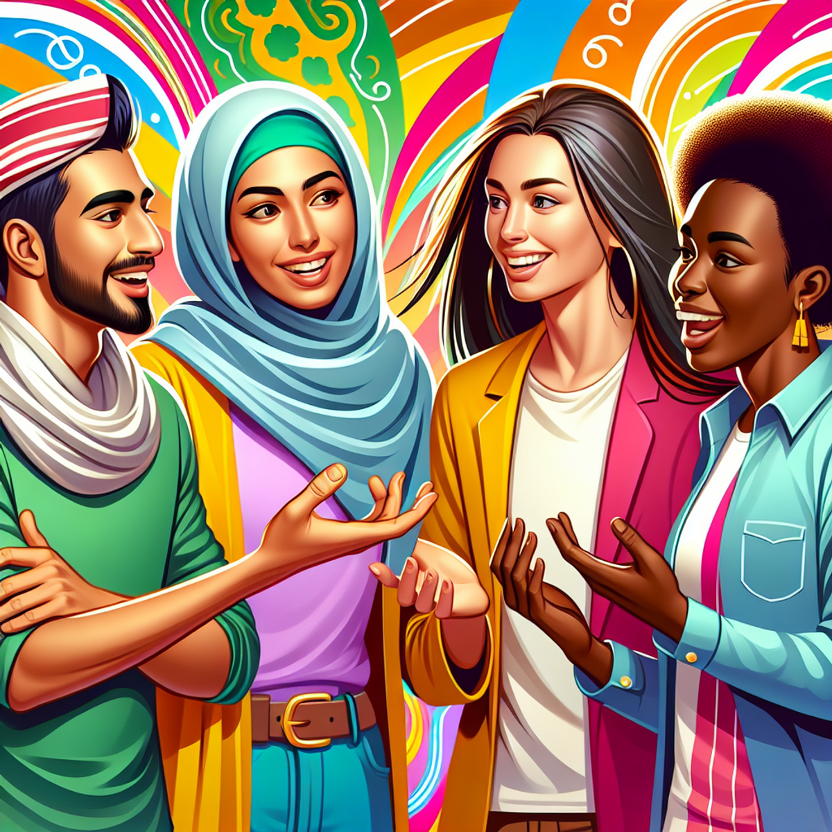 A diverse group of people engaged in conversation, expressing empathy and mutual understanding.