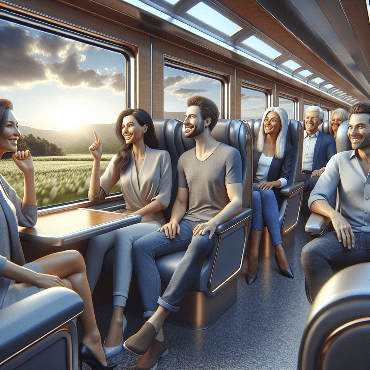 Un groupe de passagers joyeux, comprenant des individus caucasiens et hispaniques, profitant d'un trajet en train tranquille dans un train moderne avec des sièges moelleux et de grandes fenêtres, offrant une vue pittoresque sur le paysage extérieur, reflétant la satisfaction des clients dans les transports publics.