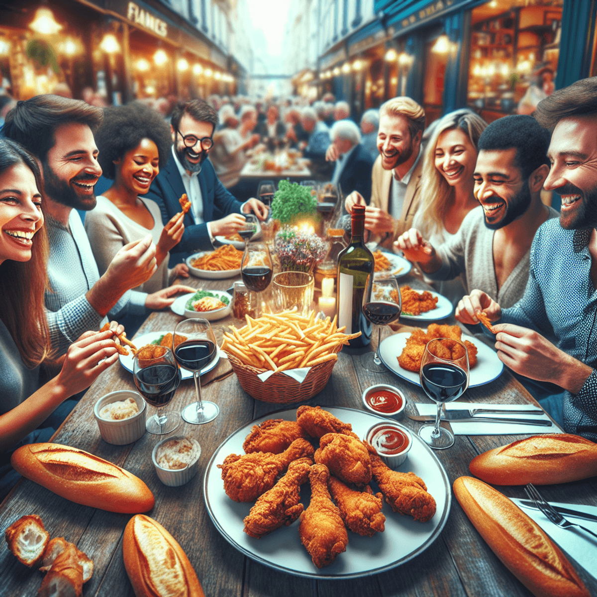 A lively fast food restaurant in France filled with diverse patrons enjoying a meal. At the center, a table showcases a crispy chicken meal alongside baguettes and glasses of wine. A cheerful group of Caucasian and Hispanic men and women are gathered around the table, sharing laughter and conversation, with the bustling restaurant atmosphere visible in the background. The scene captures a vibrant fusion of cuisines and cultures, emphasizing the joy of communal dining.